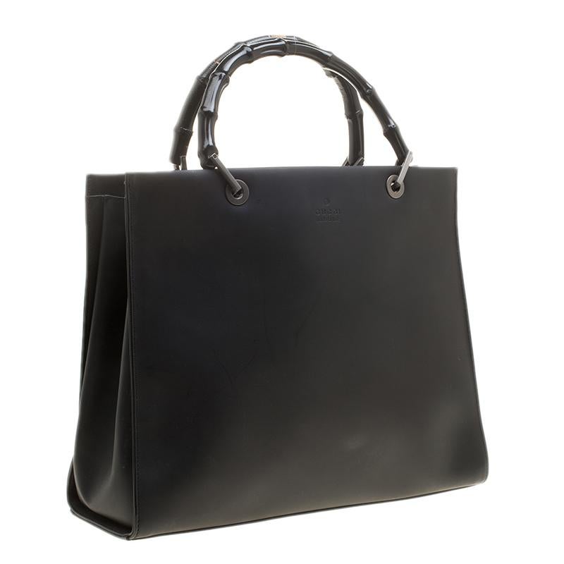 Women's Gucci Black Leather Vintage Bamboo Tote