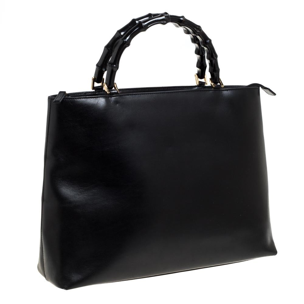 Women's Gucci Black Leather Vintage Bamboo Tote