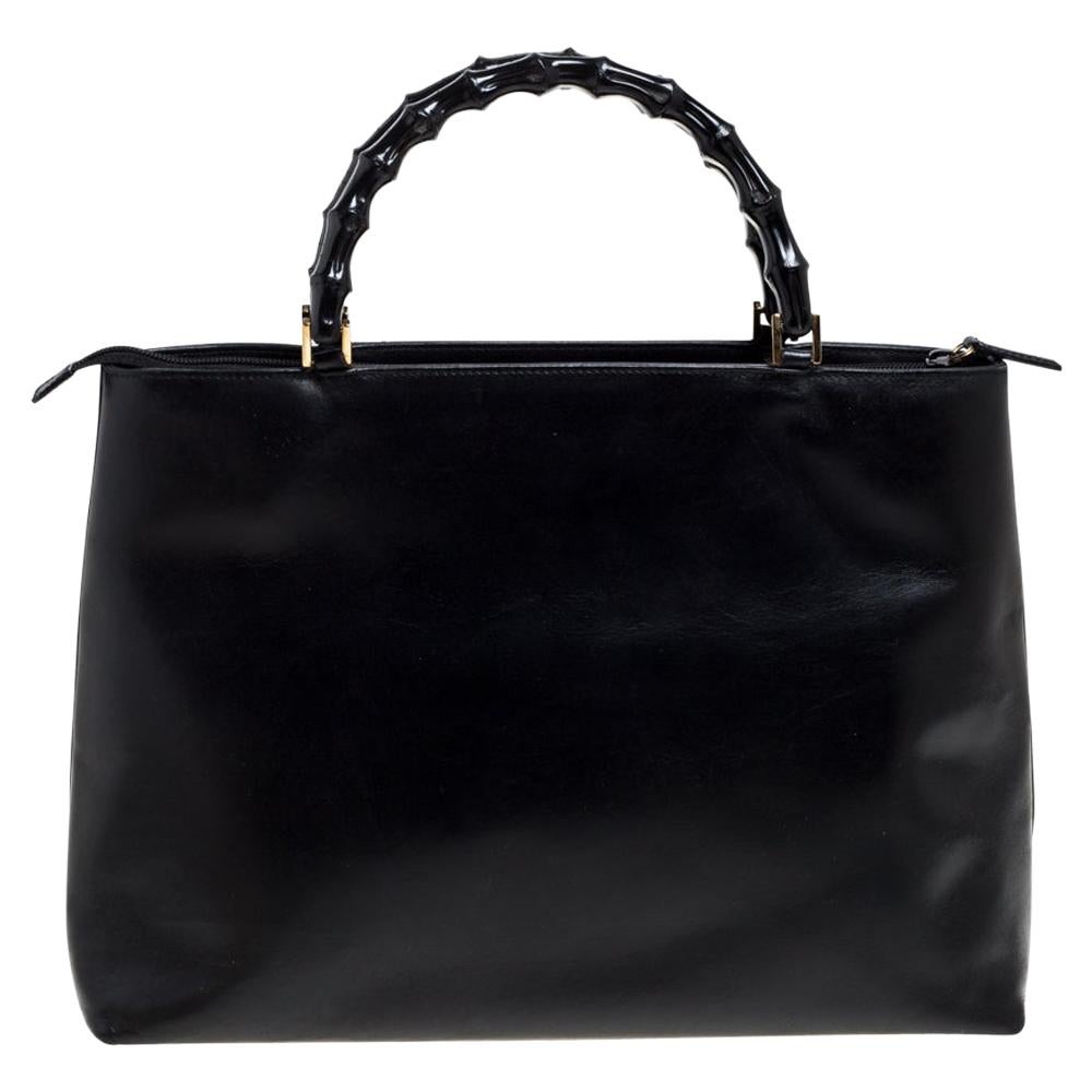 Gucci Black Leather Vintage Bamboo Tote