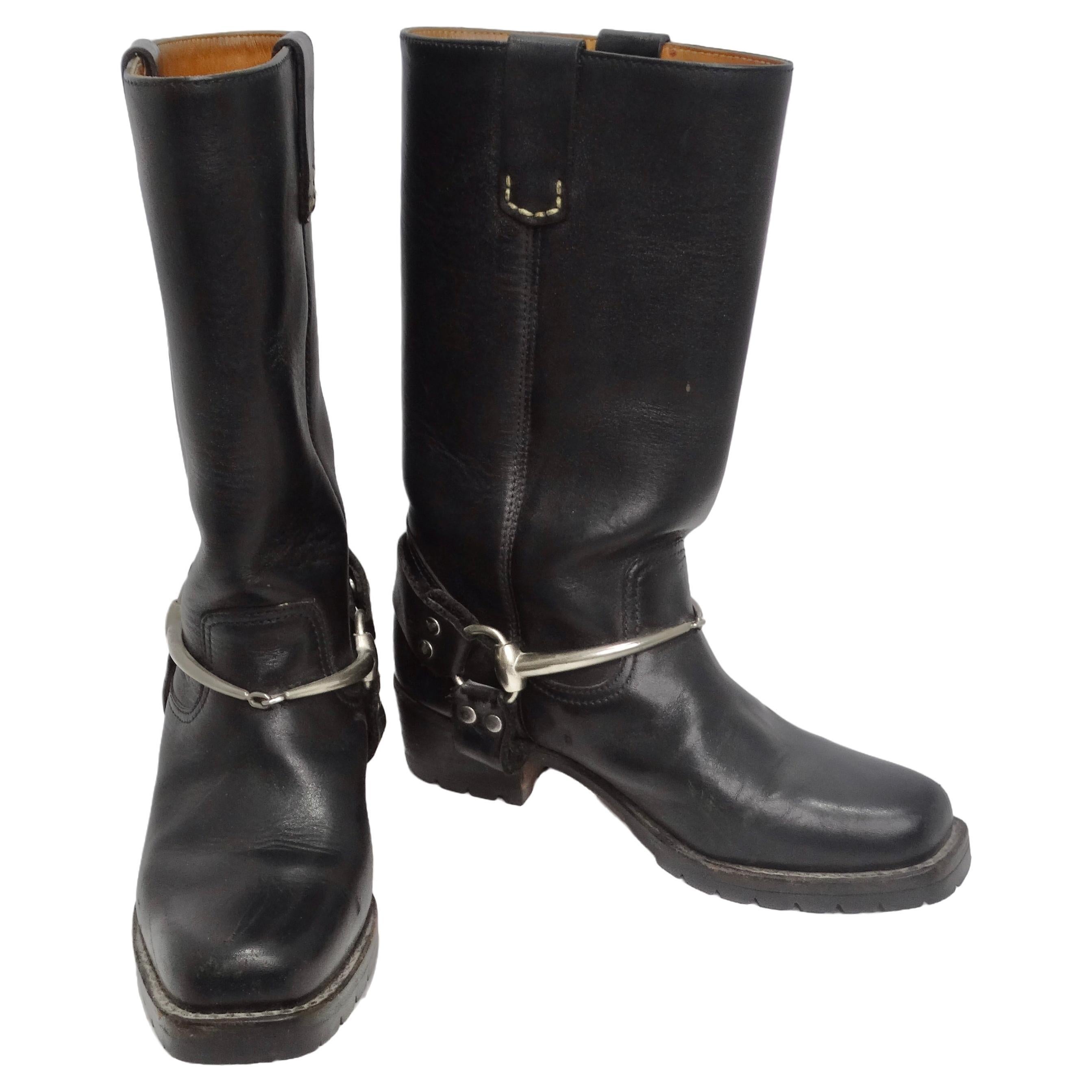 Gucci Black Leather Vintage Motorcycle Boots For Sale