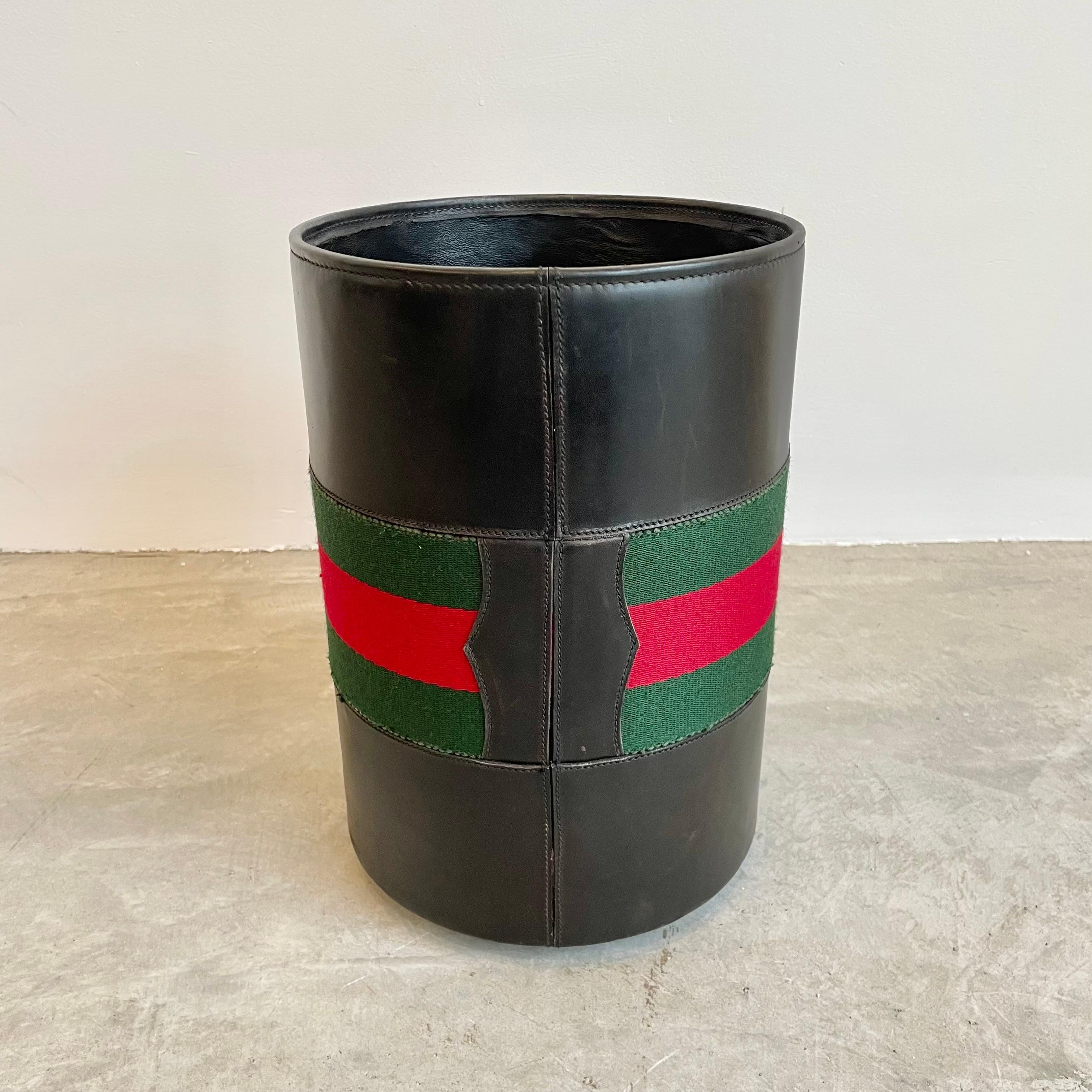 Italian Gucci Black Leather Waste Basket, 1970s Italy