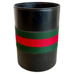 Vintage Gucci Black Leather Waste Basket, 1970s Italy