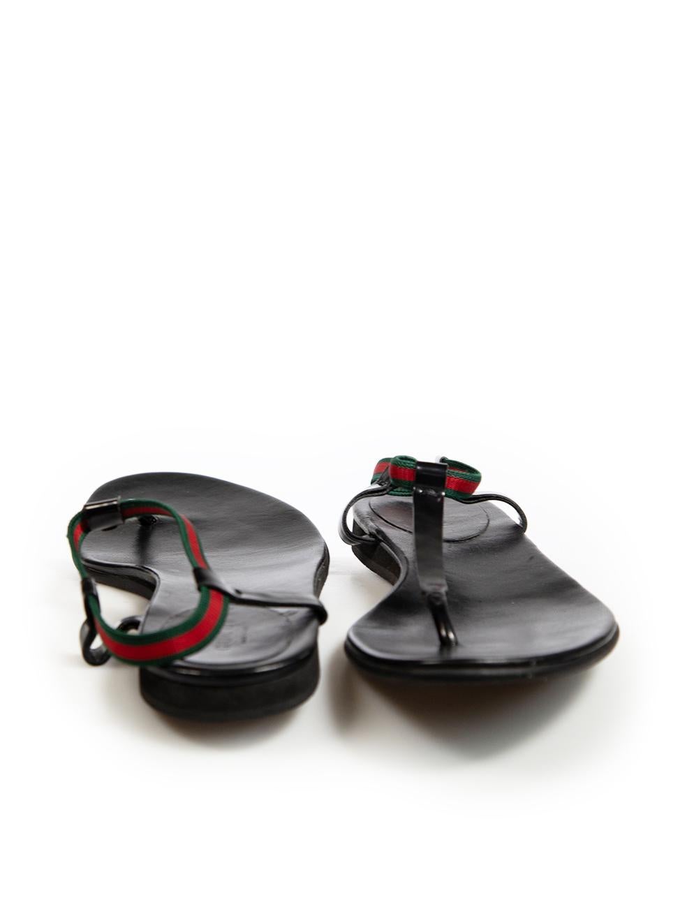 Gucci Black Leather Web Accent T-Strap Sandals Size IT 37 In Good Condition In London, GB
