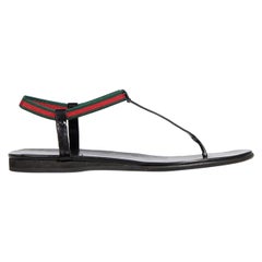 Gucci Black Leather Web Accent T-Strap Sandals Size IT 37