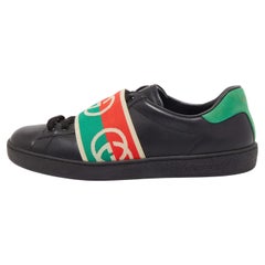 Used Gucci Black Leather Web Ace Sneakers Size 39.5