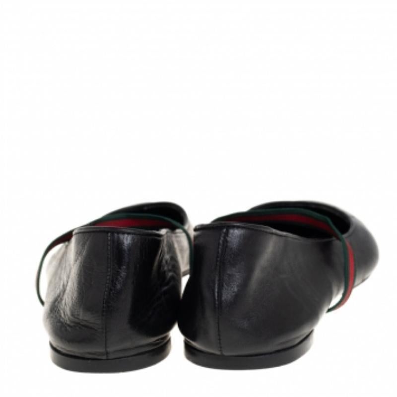 Women's Gucci Black Leather Web Ballet Flats Size 36 For Sale