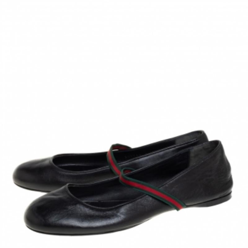 Gucci Black Leather Web Ballet Flats Size 36 For Sale 3
