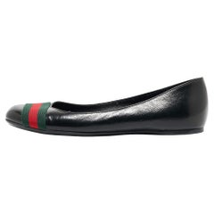 Used Gucci Black Leather Web Ballet Flats Size 37