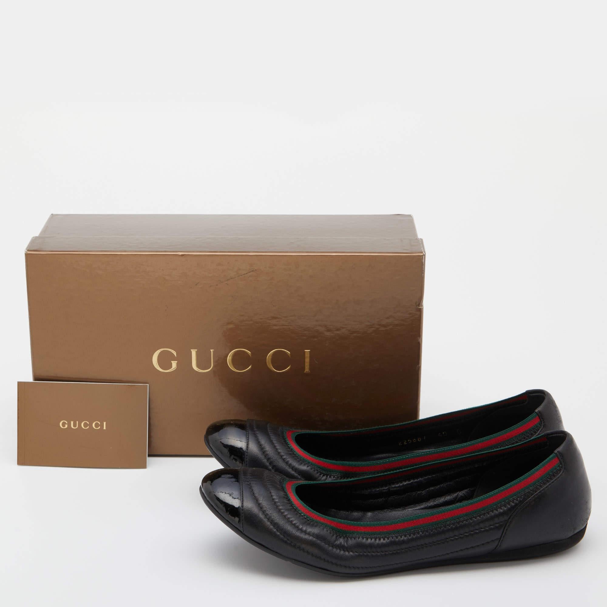 Gucci Black Leather Web Ballet Flats Size 40 For Sale 6