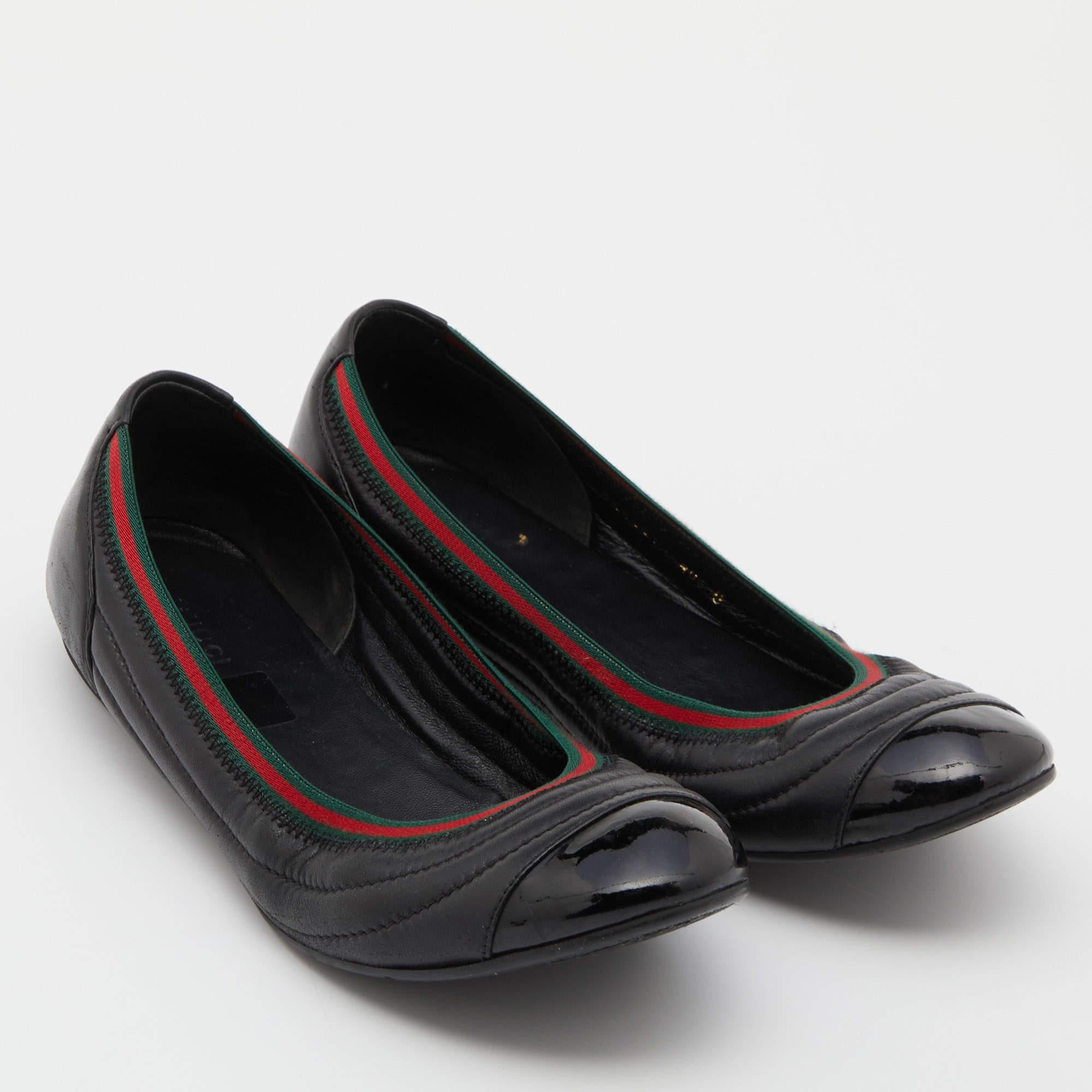 Gucci Black Leather Web Ballet Flats Size 40 For Sale 4
