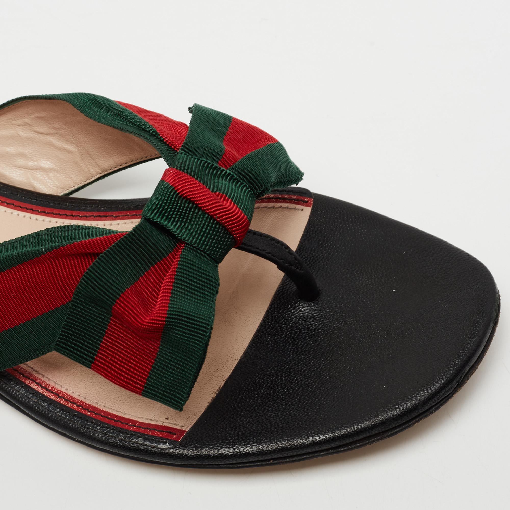 Women's Gucci Black Leather Web Bow Accent Thong Sandals Size 37