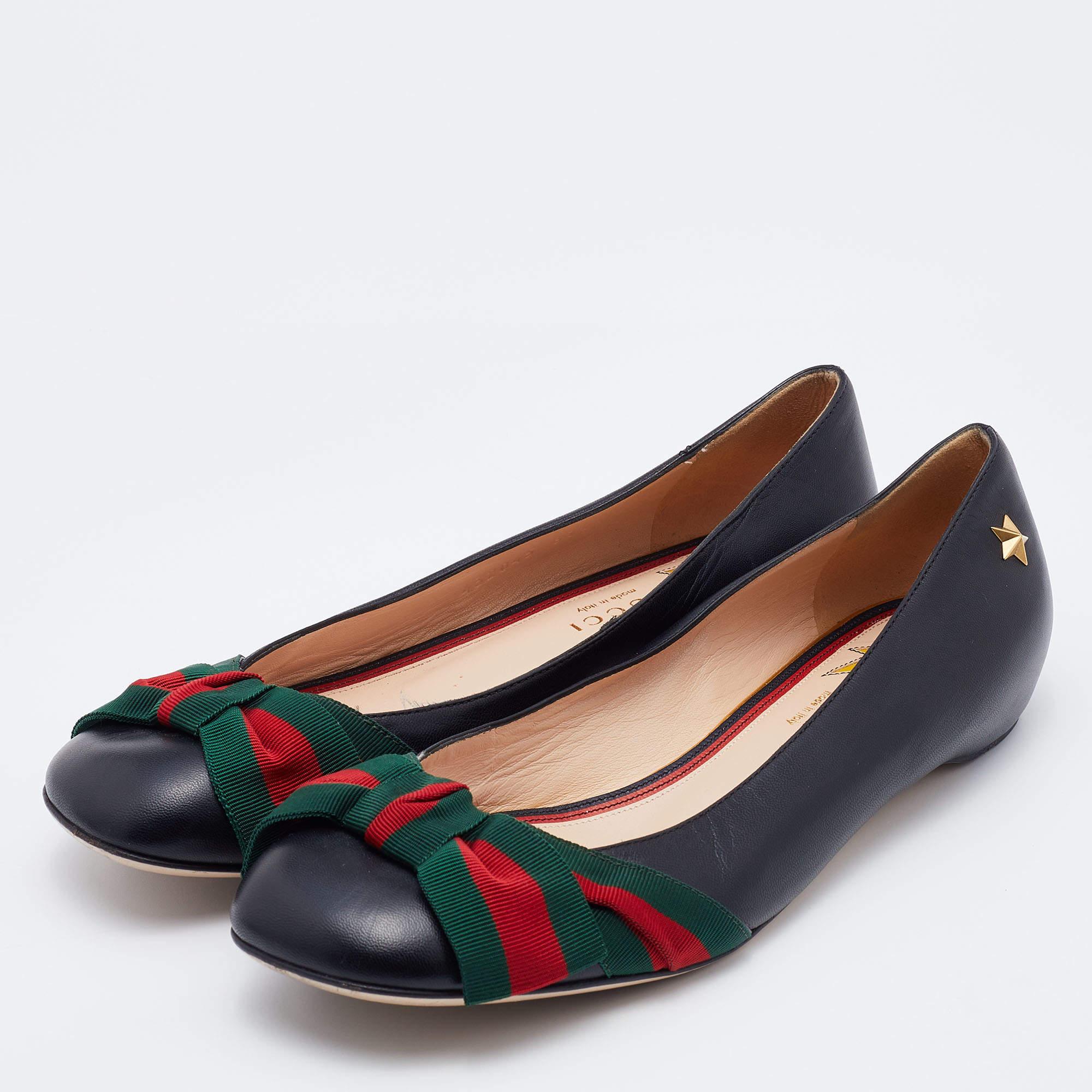 Gucci Black Leather Web Bow Ballet Flats Size 37.5 2