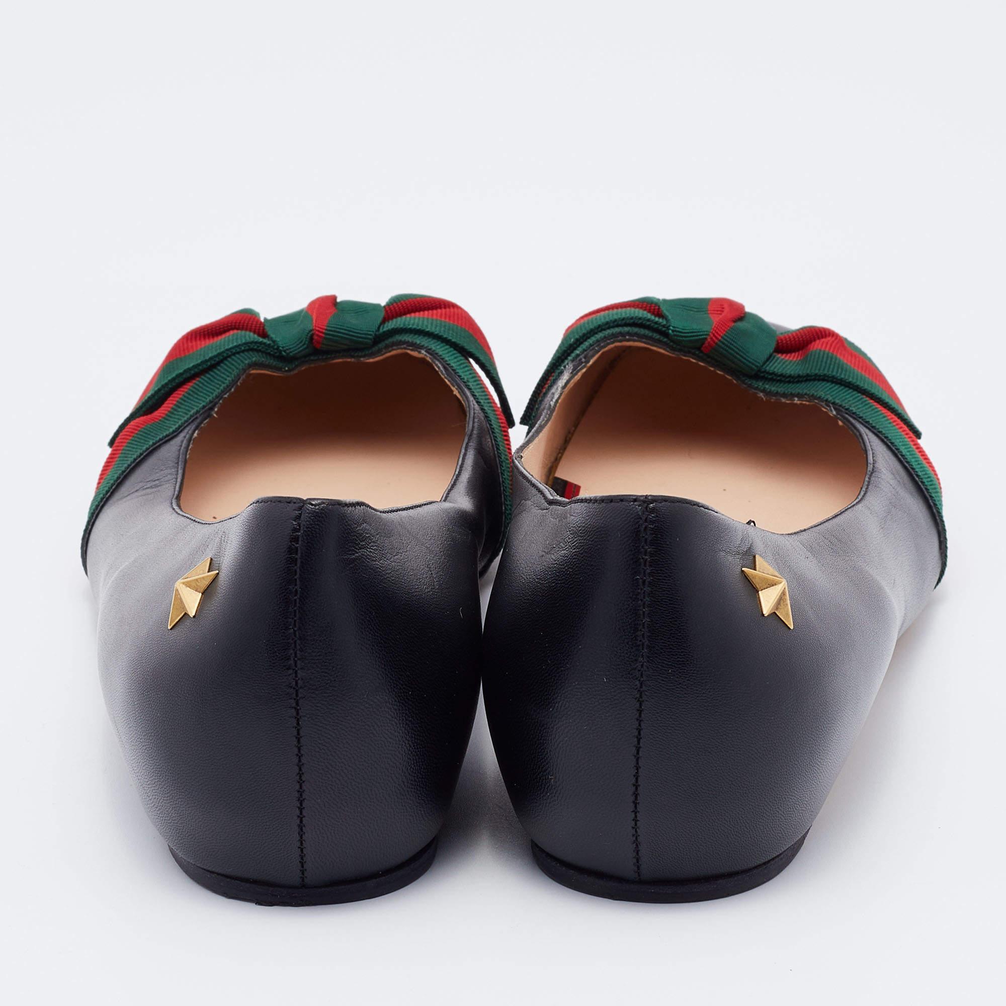 Gucci Black Leather Web Bow Ballet Flats Size 37.5 5