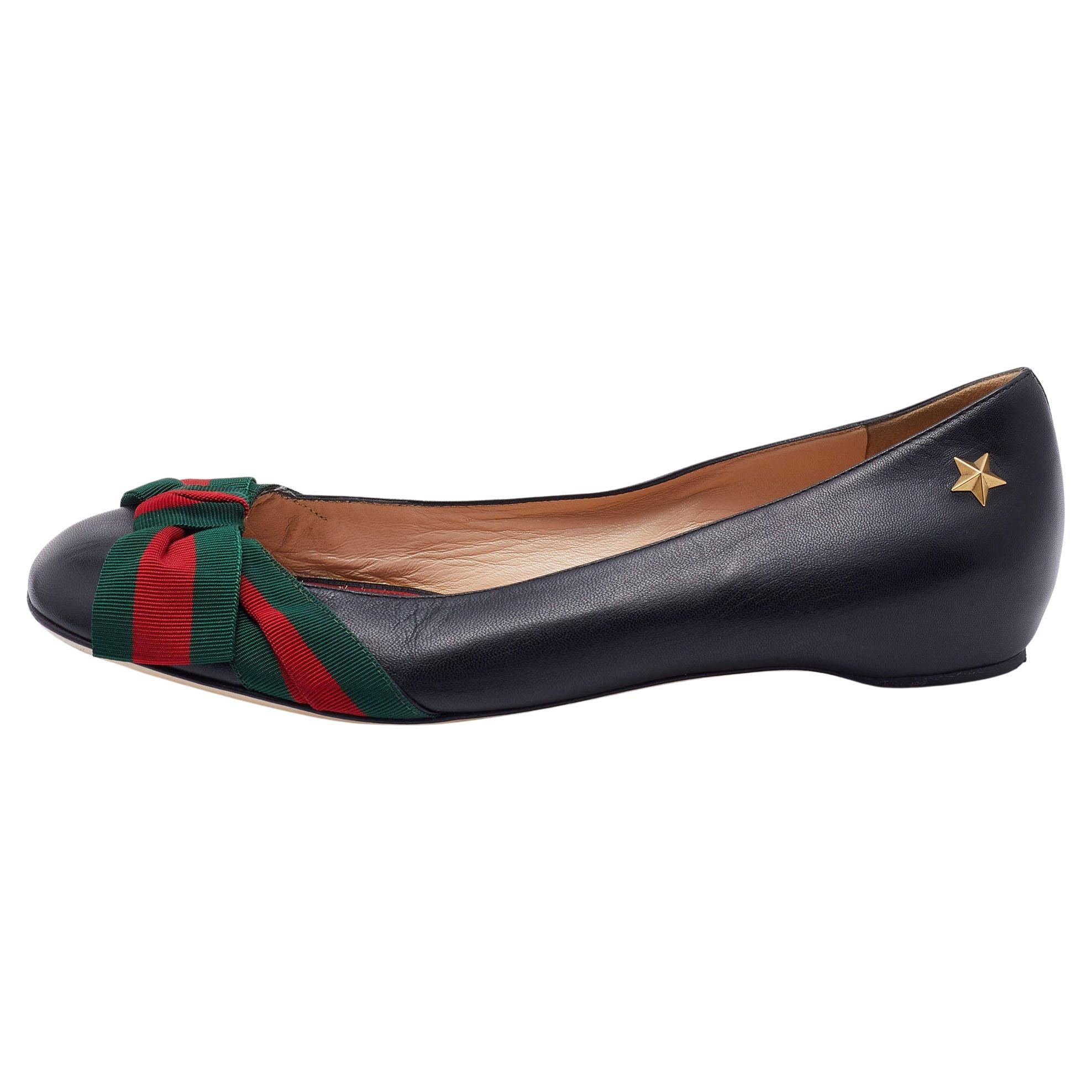 Gucci Black Leather Web Bow Ballet Flats Size 37.5 For Sale at 1stDibs