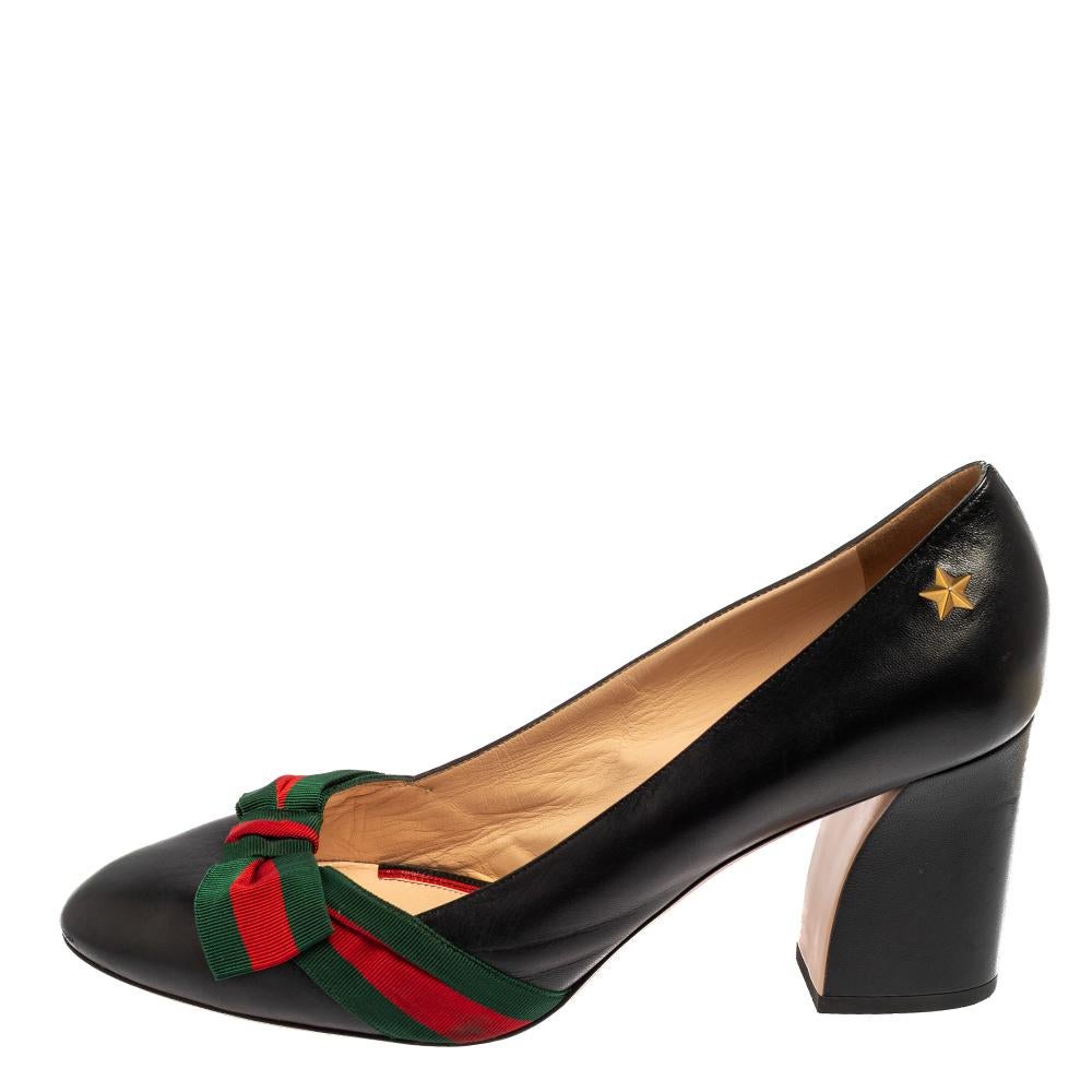 Add the right slant of style with these Gucci pumps. The pre-loved designer leather pumps feature Gucci's signature Web strap tied over the toes, a metal star motif near the counters, and block heels for a comfortable lift.

