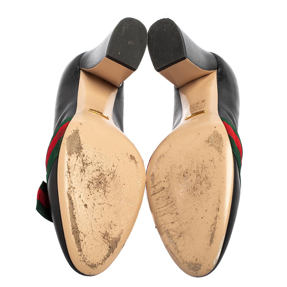 Gucci Black Leather Web Bow Block Heel Pumps Size 41.5 In Good Condition In Dubai, Al Qouz 2