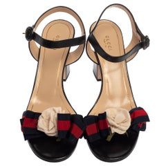 Gucci Black Leather Web Bow Flower Sandals Size 41