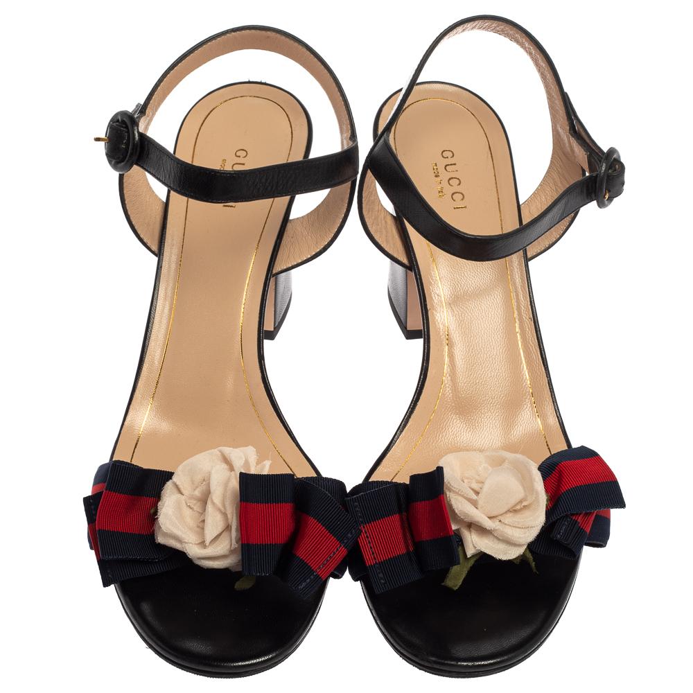 Gucci Black Leather Web Bow Flower Sandals Size 41 at 1stDibs