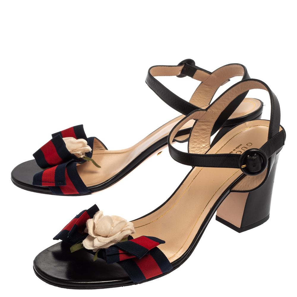 Gucci Black Leather Web Bow Flower Sandals Size 41