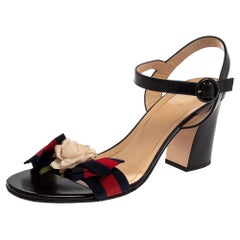 Gucci Black Leather Web Bow Flower Sandals Size 41