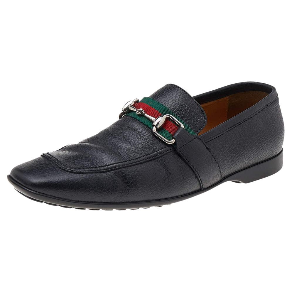 Gucci Black Leather Web Detail Loafers Size 40.5 For Sale