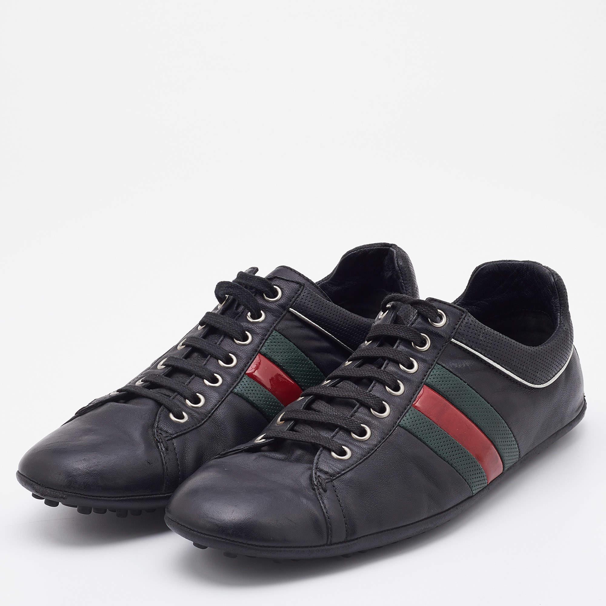 Gucci Black Leather Web Detail Low Top Sneakers Size 42.5 1