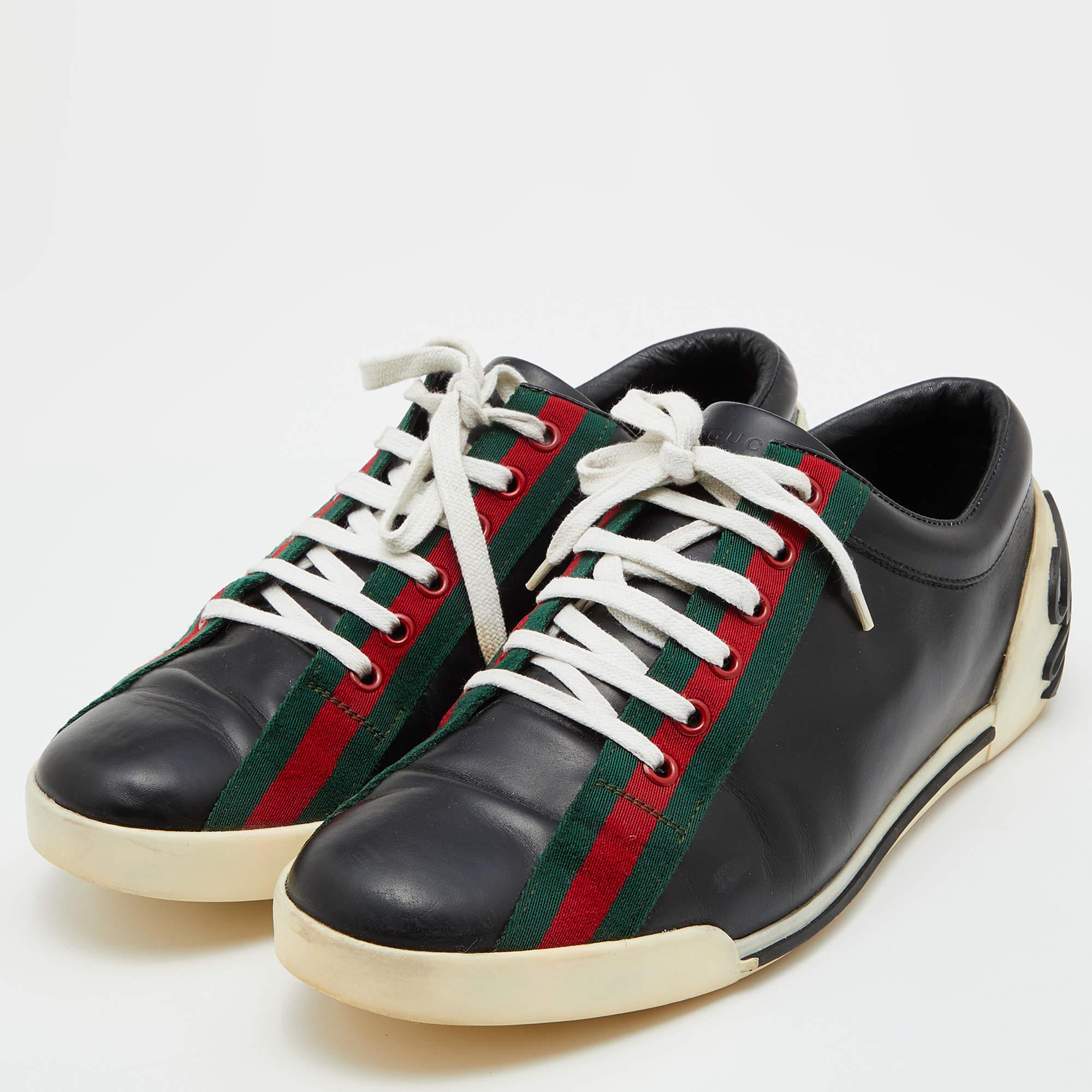Gucci Black Leather Web Detail Low Top Sneakers Size 43 1