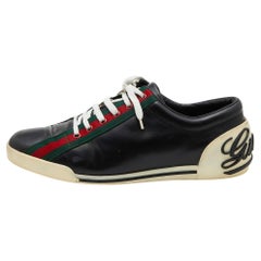 Used Gucci Black Leather Web Detail Low Top Sneakers Size 43