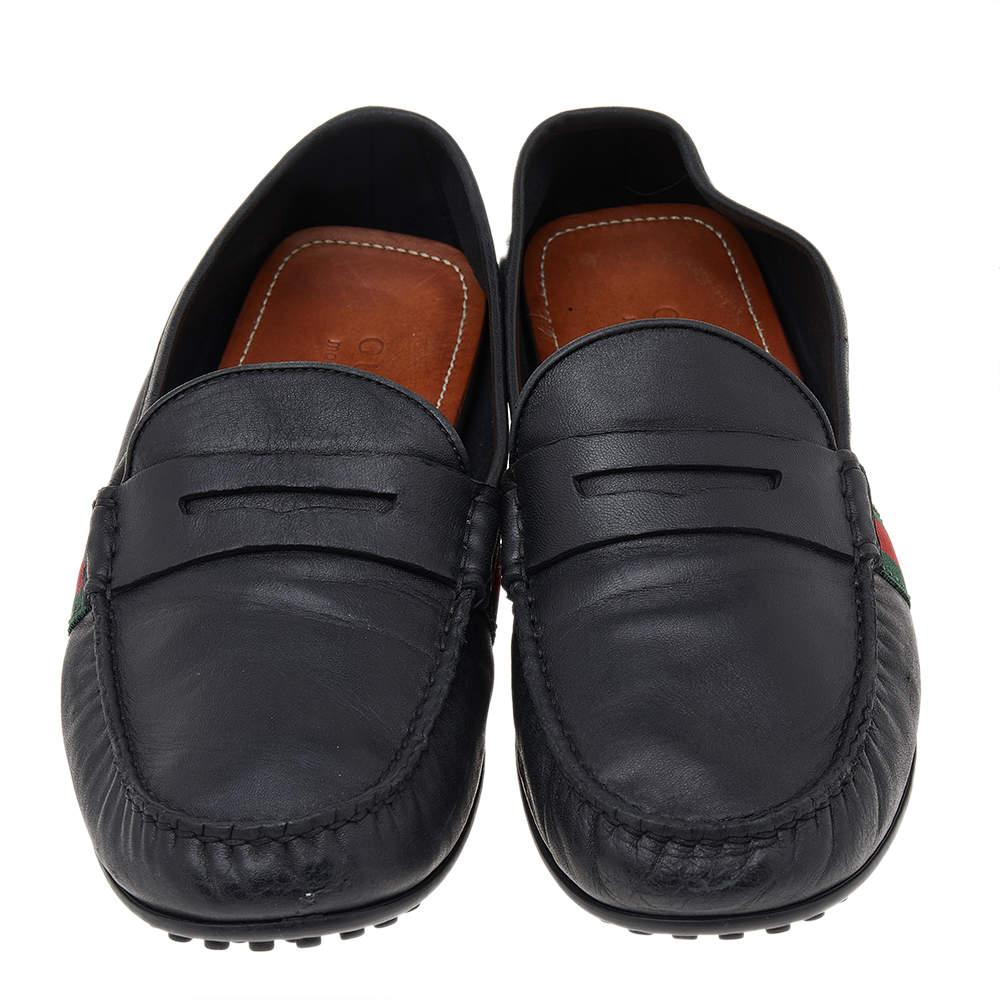 Gucci Black Leather Web Detail Slip on Loafers Size 43.5 For Sale 1
