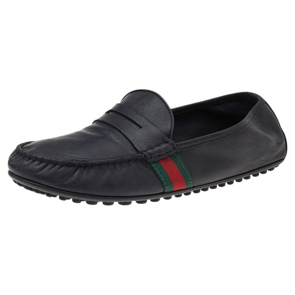 Gucci Black Leather Web Detail Slip on Loafers Size 43.5 For Sale