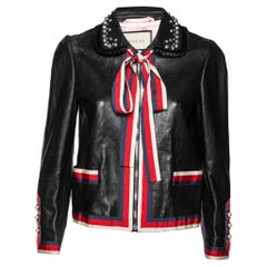 Gucci Black Leather Web Detail Trim Bow Tie Studded Collar Jacket M
