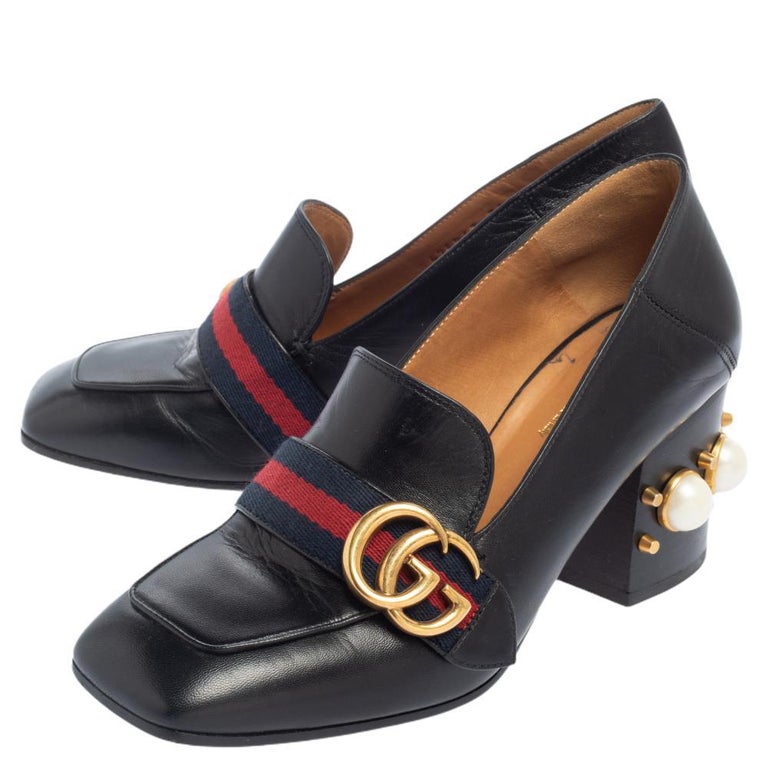 Gucci Black Leather Web GG Marmont Faux Pearl Embellished Loafer Pumps Size  36 at 1stDibs | gucci pearl heels, gucci pearl shoes, gucci pearl loafers