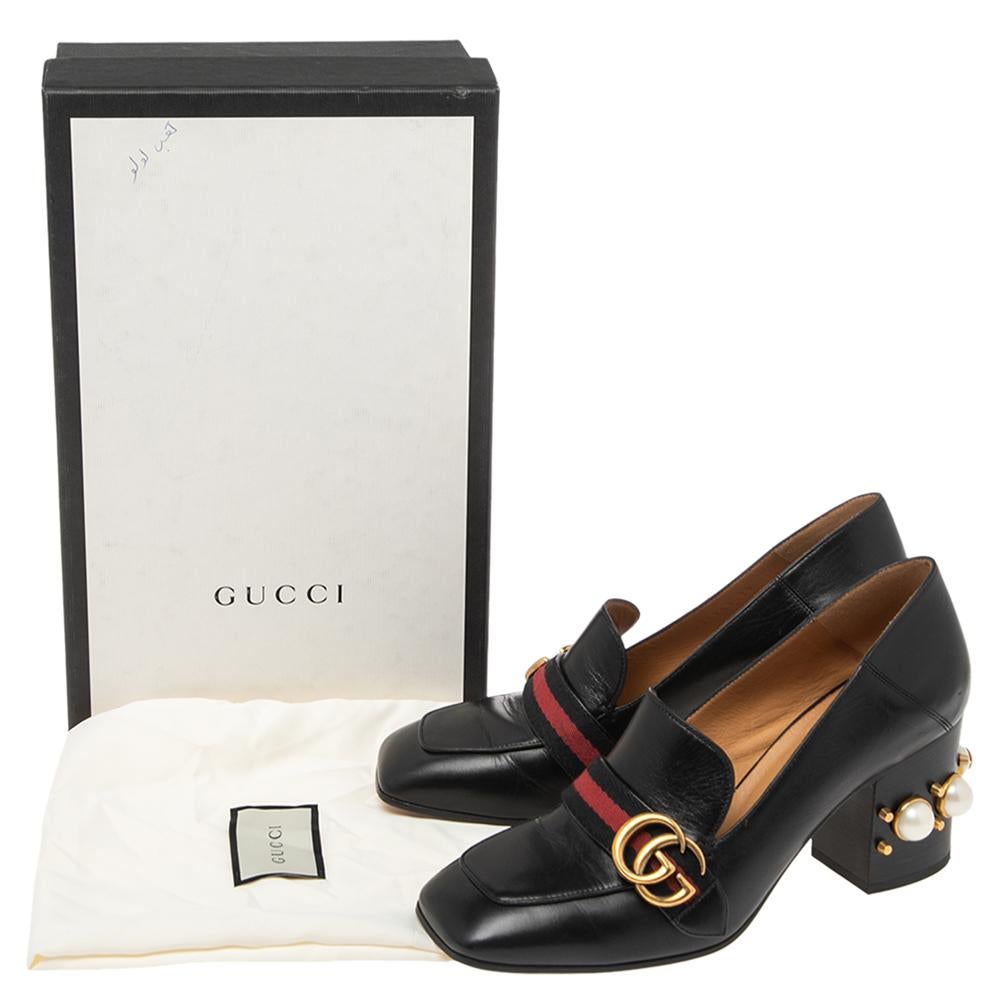 Gucci Black Leather Web GG Marmont Faux Pearl Embellished Loafer Pumps Size 39 1