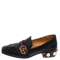 Gucci Black Leather Web GG Marmont Faux Pearl Embellished Loafer Pumps Size 40