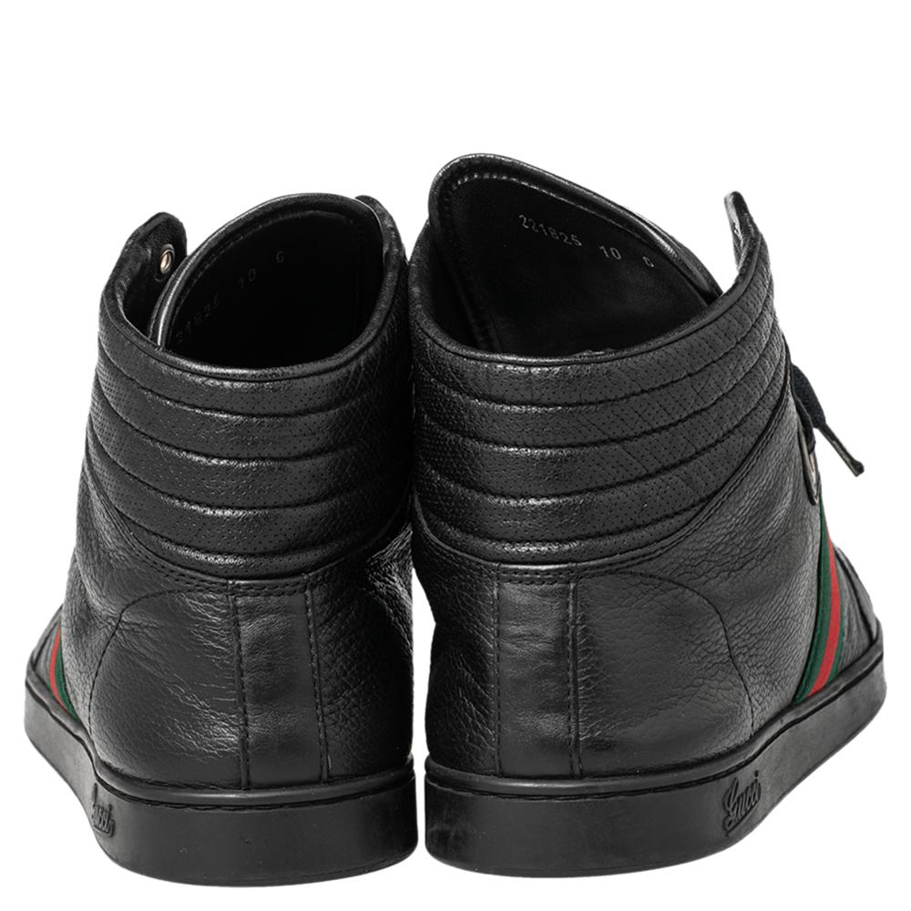 Gucci Black Leather Web High Top Sneakers Size 44 In Good Condition In Dubai, Al Qouz 2