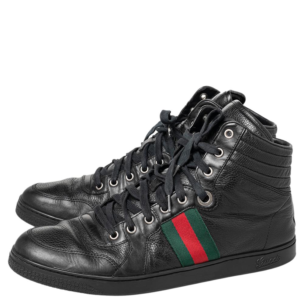 Men's Gucci Black Leather Web High Top Sneakers Size 44