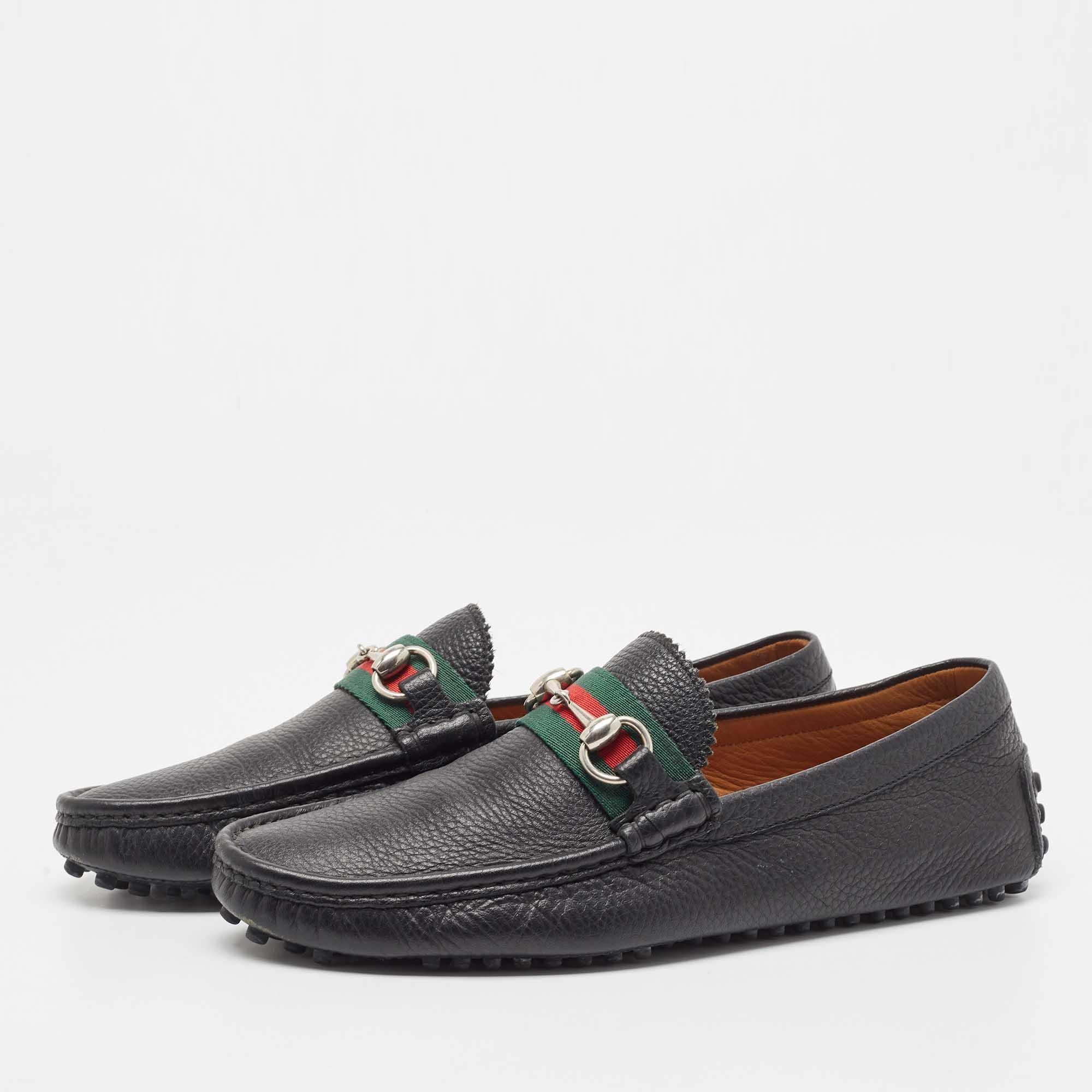 Gucci Black Leather Web Horsebit Loafers Size 41.5 For Sale 1