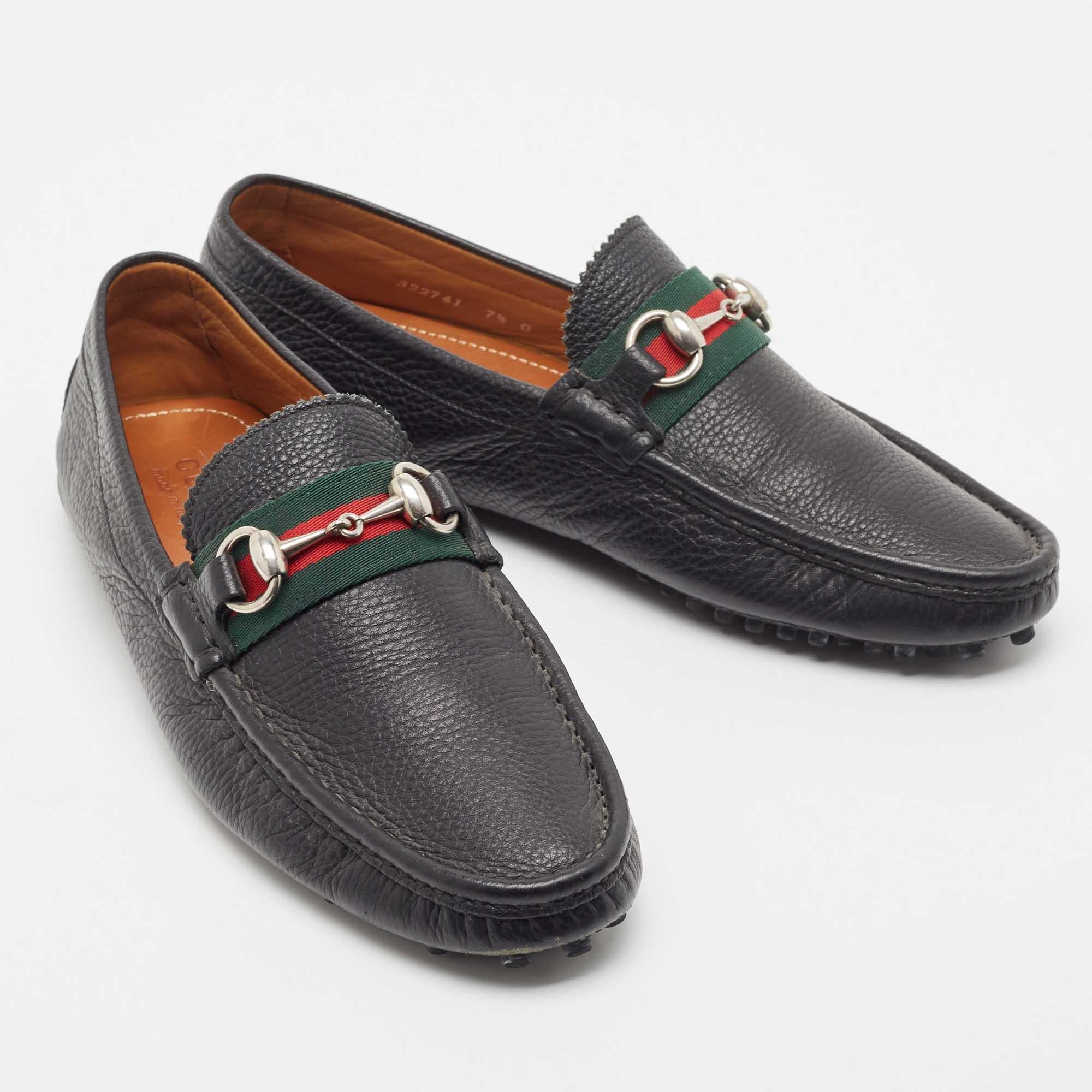 Gucci Black Leather Web Horsebit Loafers Size 41.5 For Sale 3