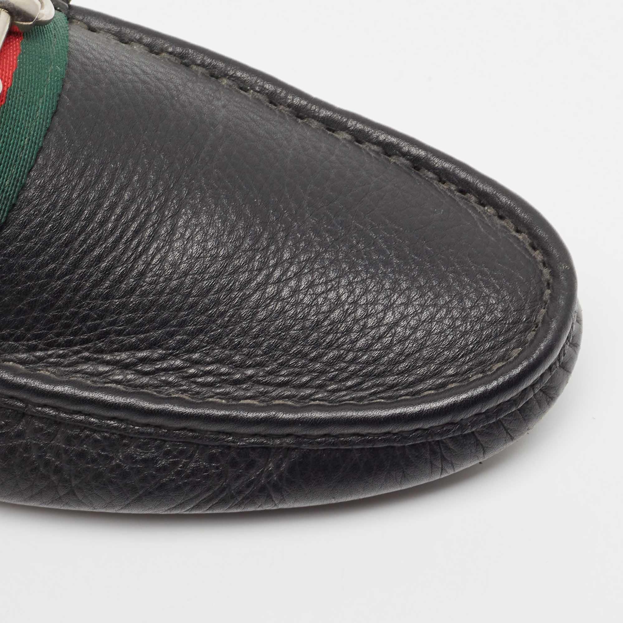 Gucci Black Leather Web Horsebit Loafers Size 41.5 For Sale 4