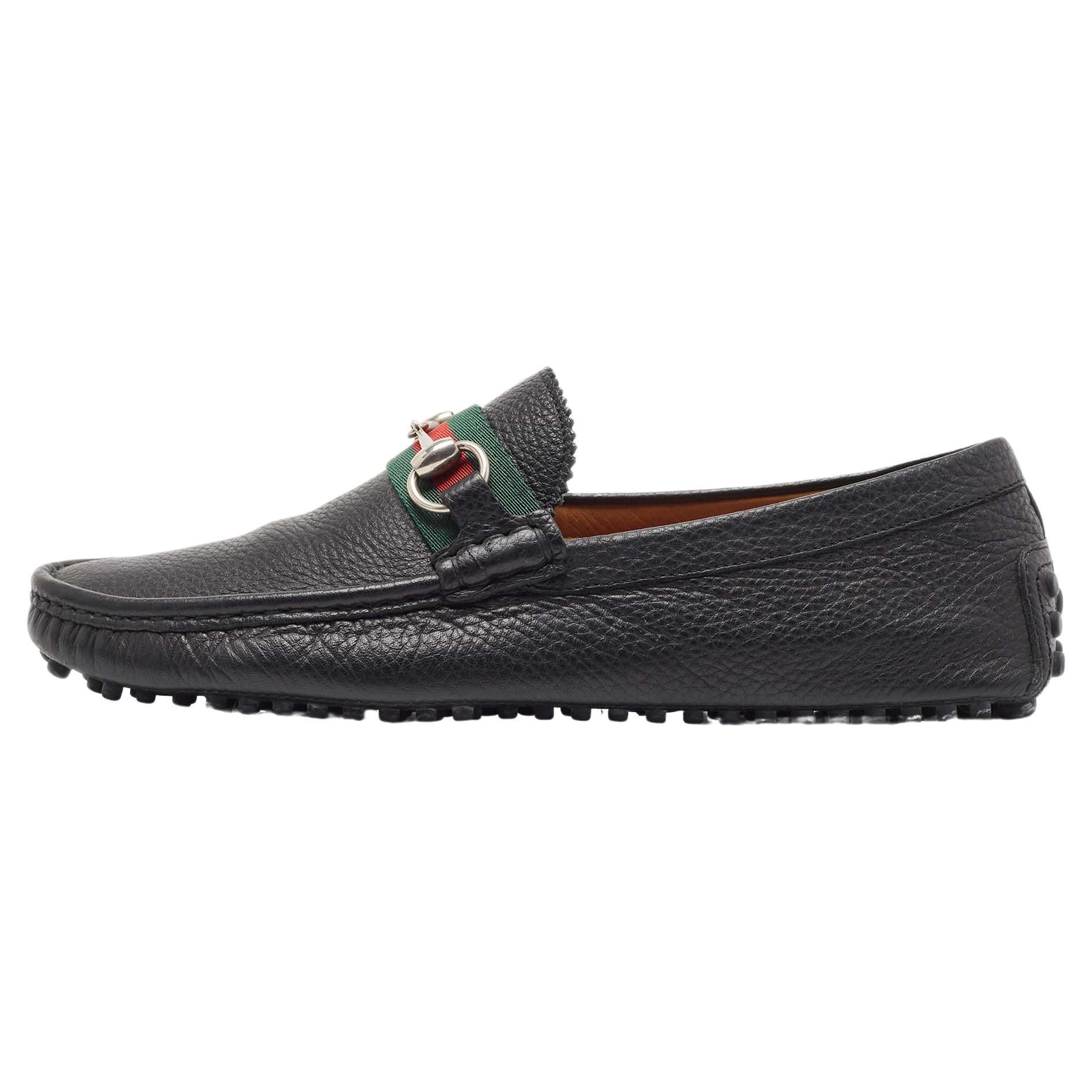 Gucci Black Leather Web Horsebit Loafers Size 41.5 For Sale