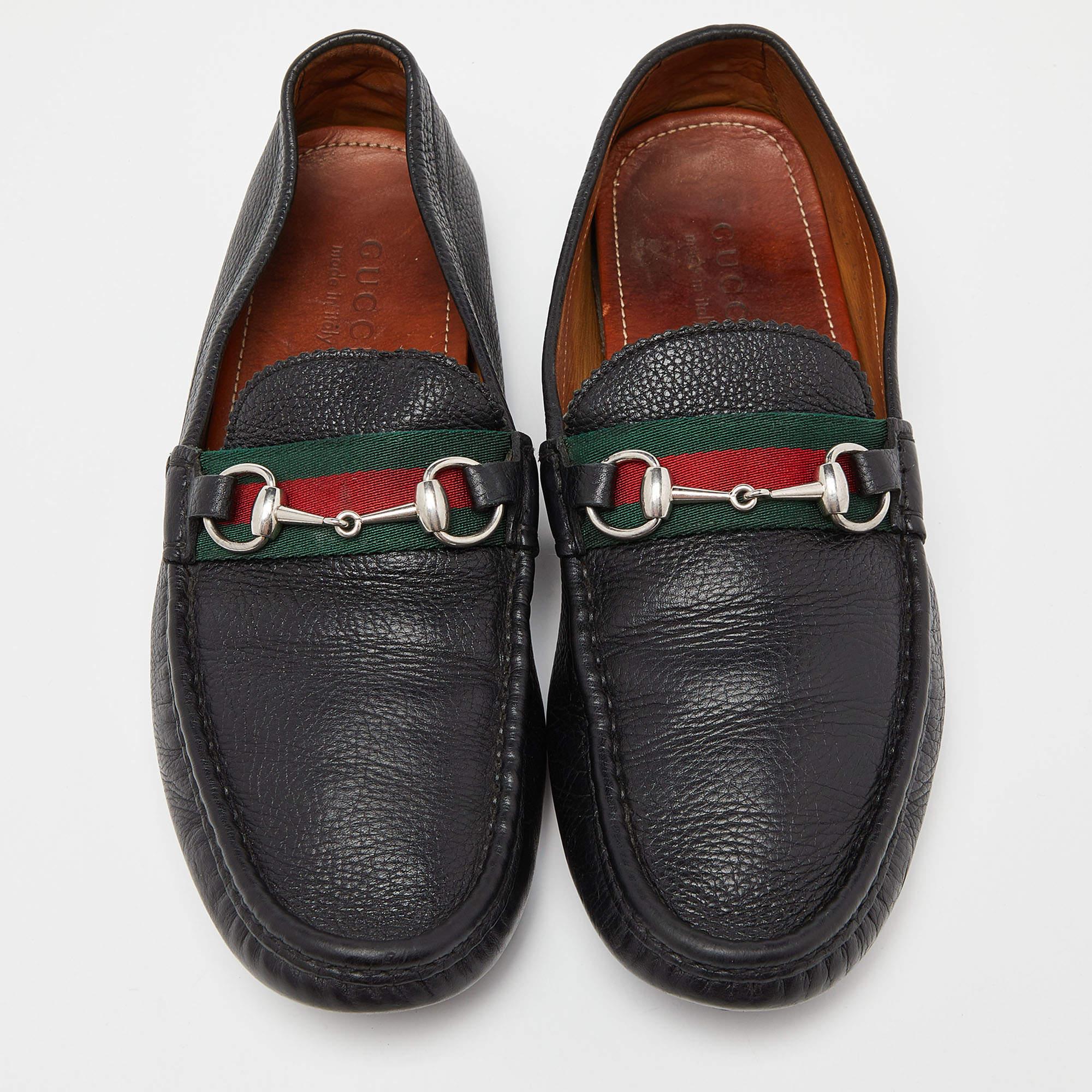 Women's Gucci Black Leather Web Horsebit Loafers Size 44 For Sale