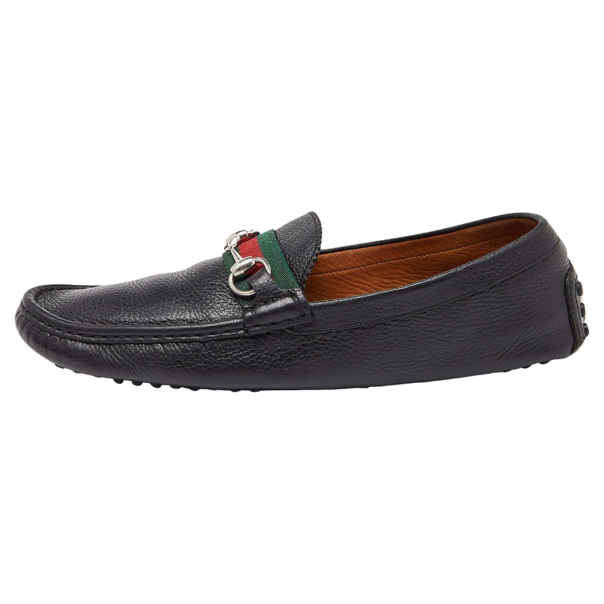 Gucci Black Leather Web Horsebit Loafers Size 44 For Sale