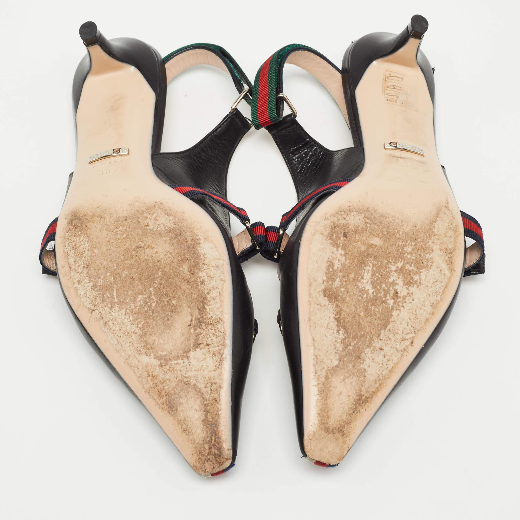 Gucci Black Leather Web Horsebit Mary Jane Slingback Pumps Size 38.5 1
