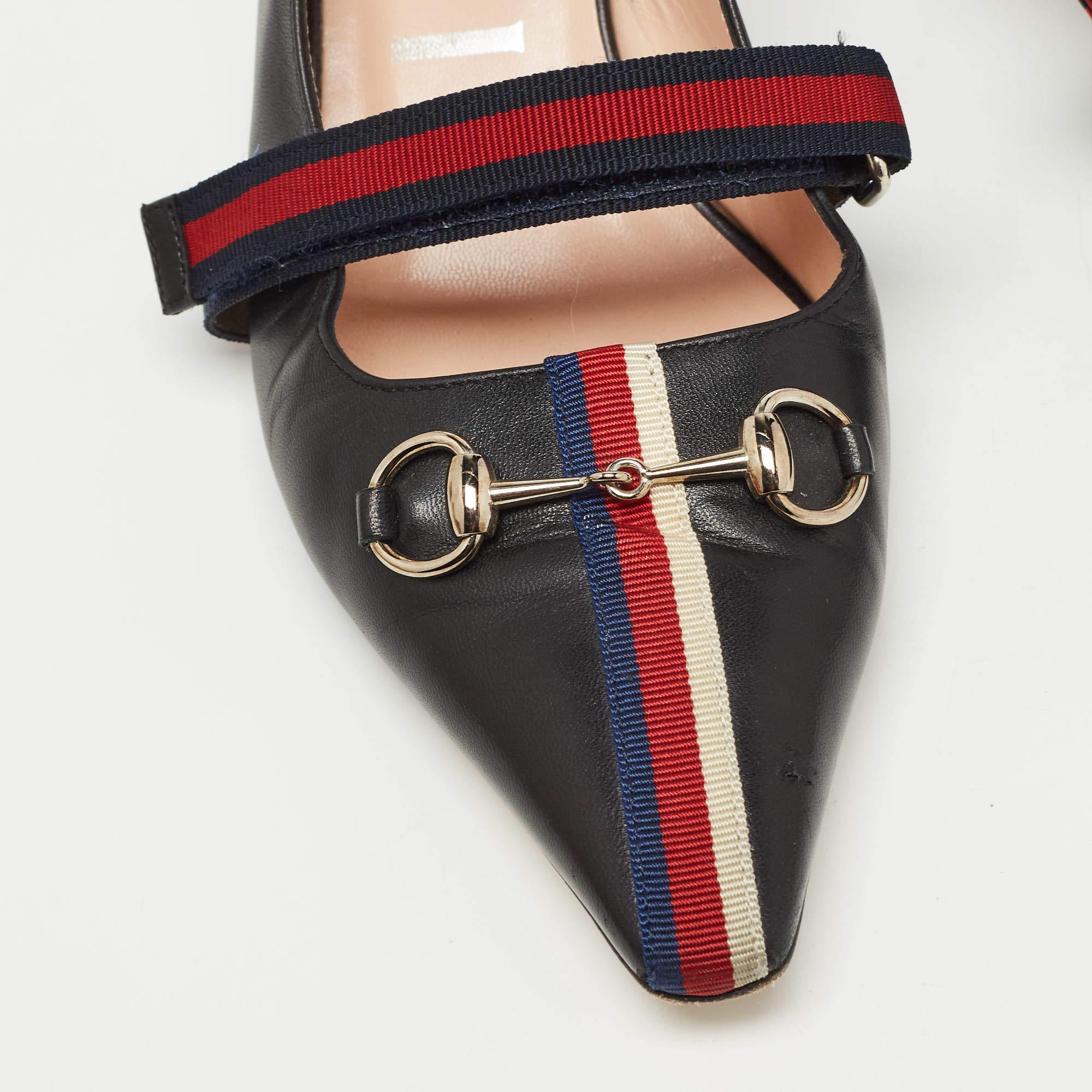 Gucci Black Leather Web Horsebit Mary Jane Slingback Pumps Size 38.5 5