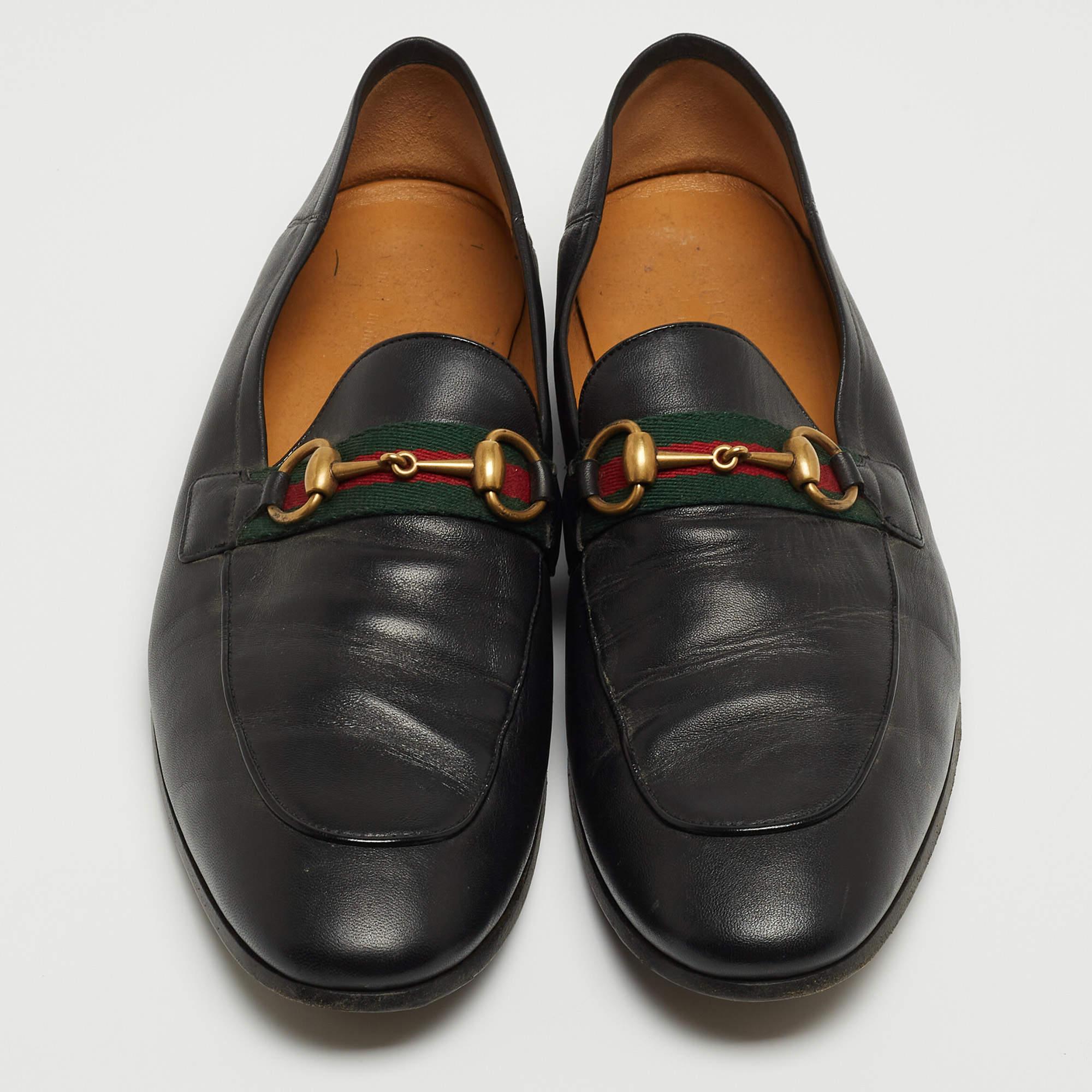 Gucci Black Leather Web Horsebit Slip On Loafers Size 44 In Good Condition In Dubai, Al Qouz 2