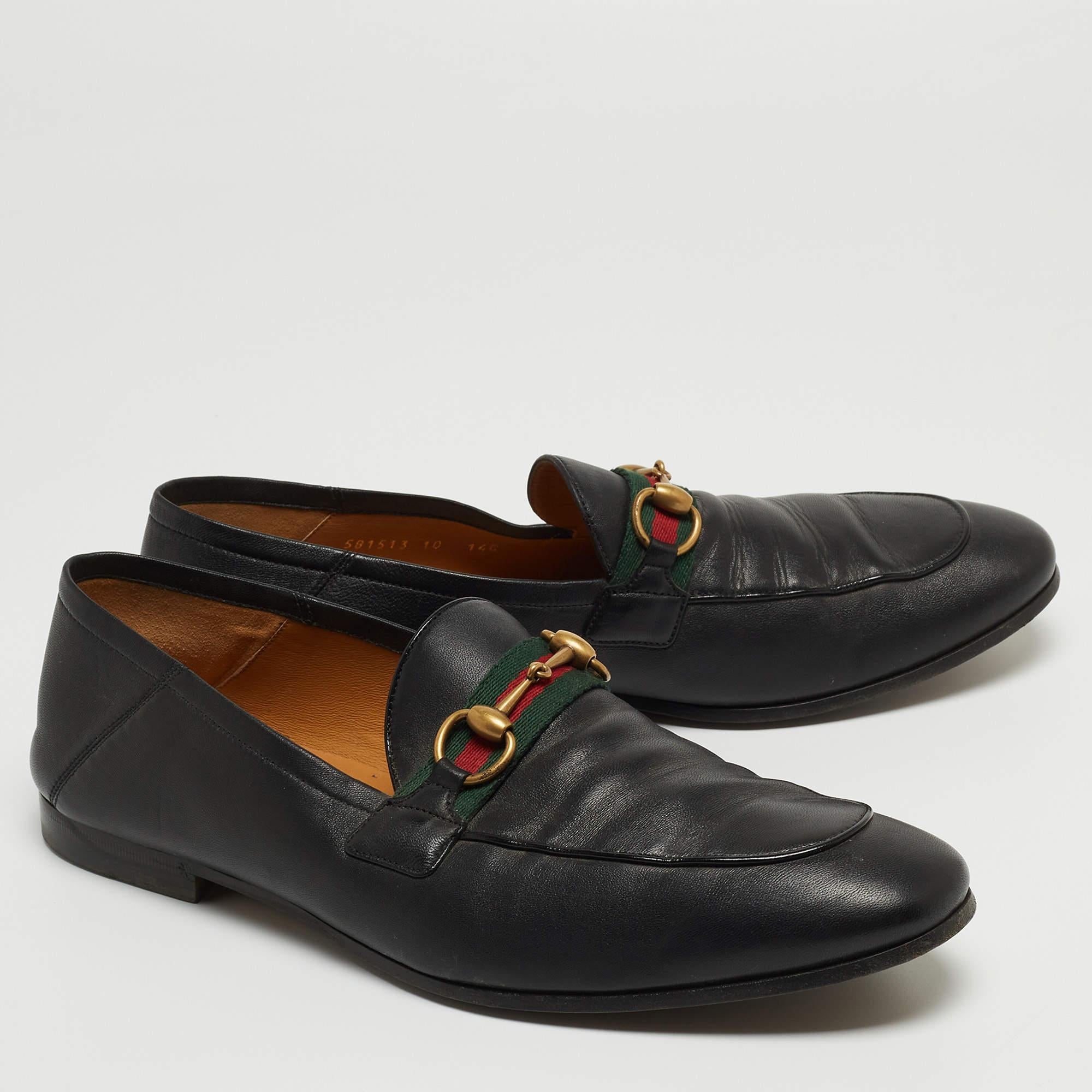 Men's Gucci Black Leather Web Horsebit Slip On Loafers Size 44