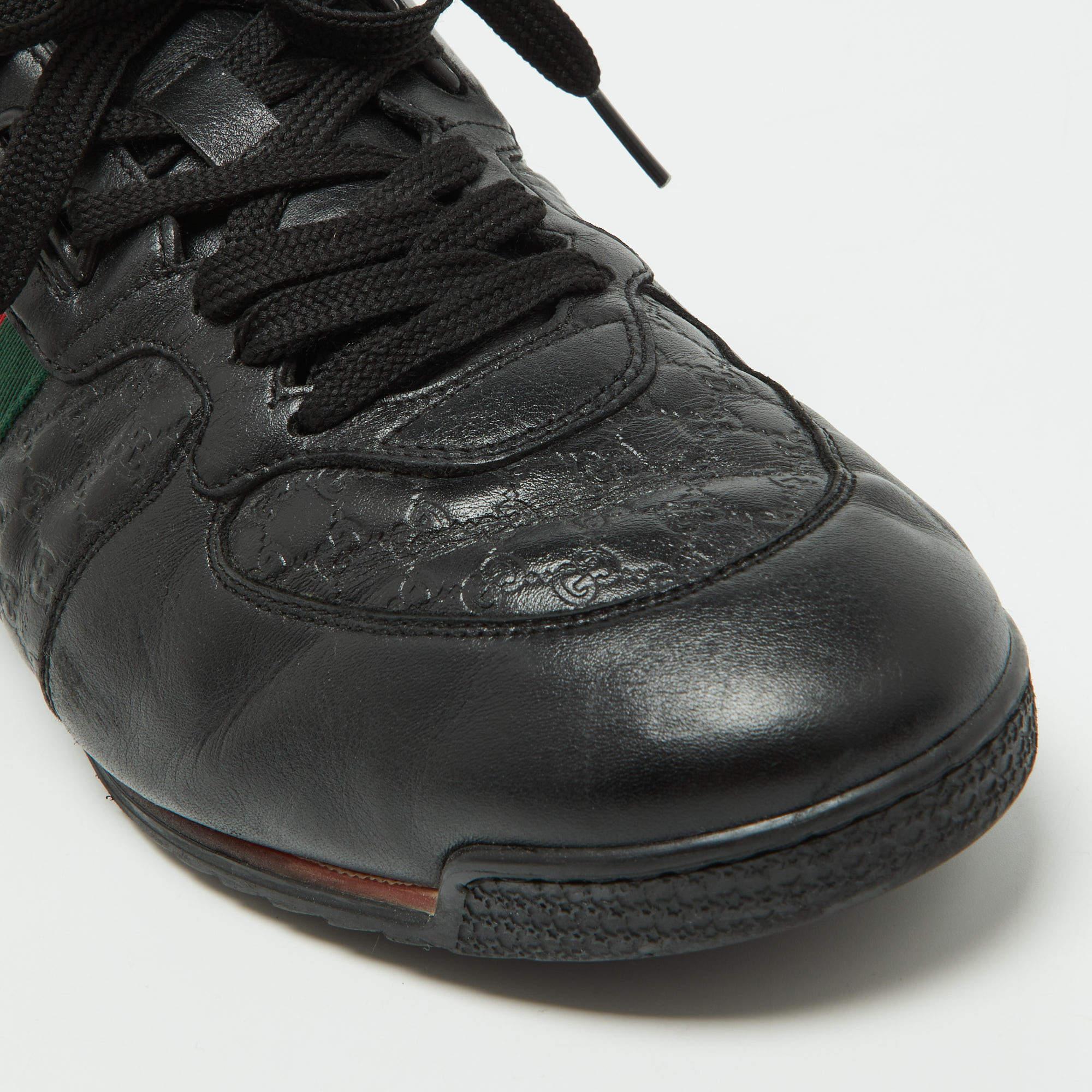 Gucci Black Leather Web Lace Up Sneakers Size 45.5 In Fair Condition In Dubai, Al Qouz 2