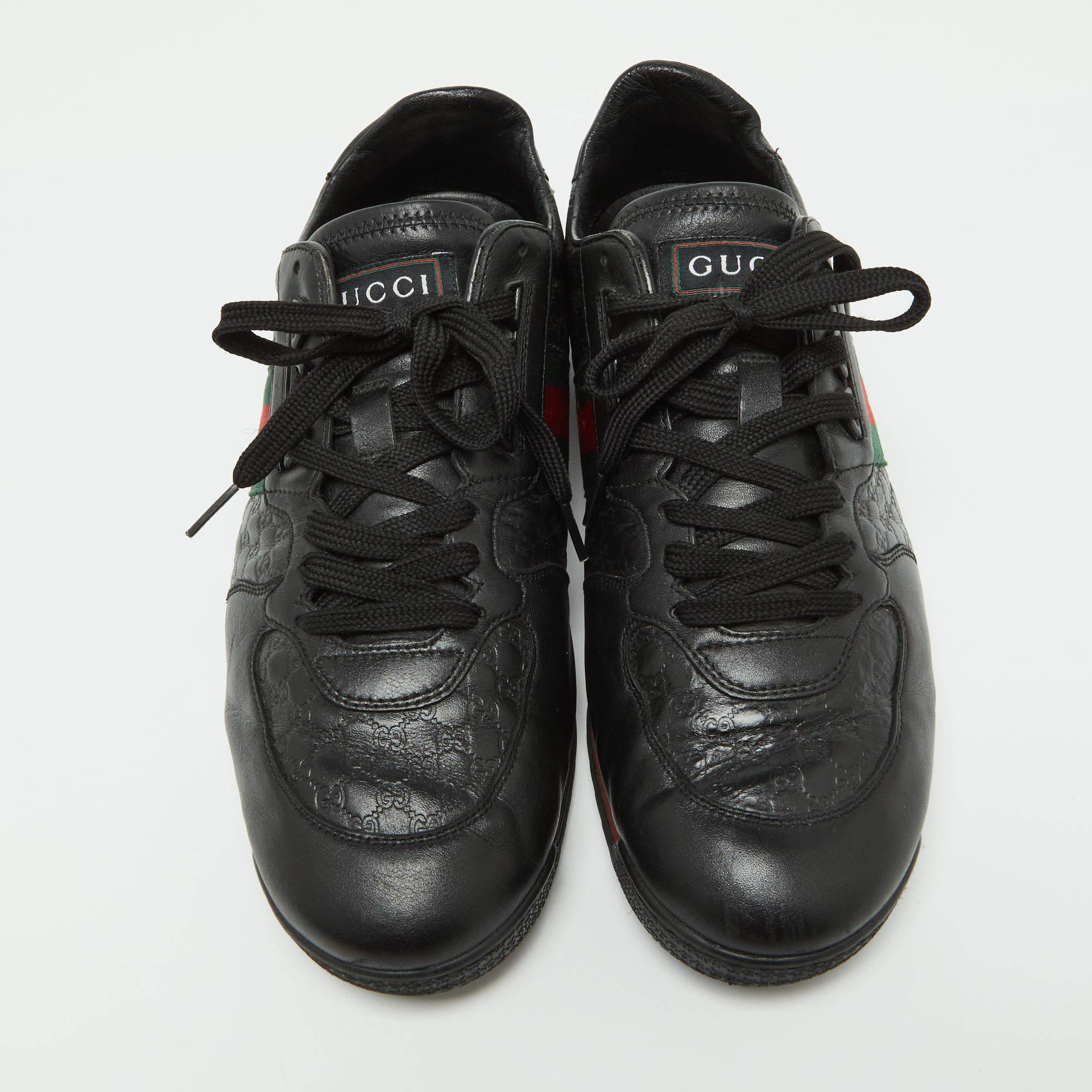 Gucci Black Leather Web Lace Up Sneakers Size 45.5 État moyen à Dubai, Al Qouz 2
