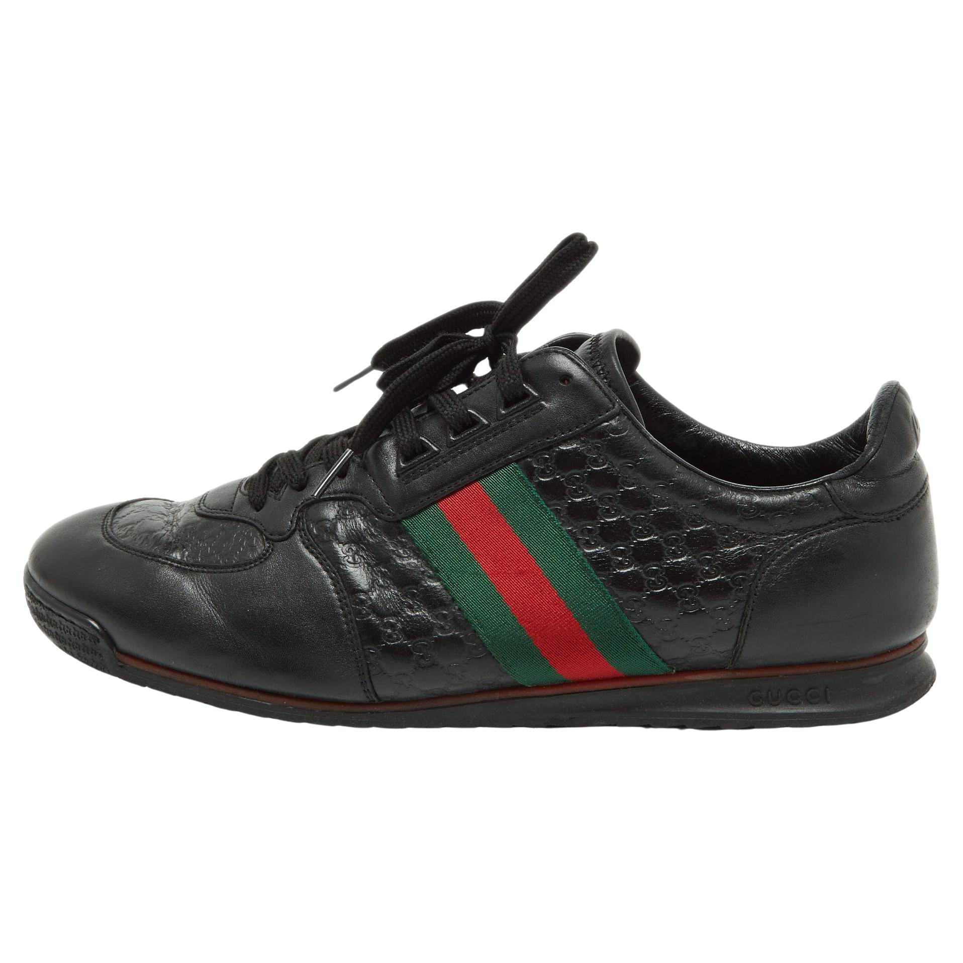 Gucci Black Leather Web Lace Up Sneakers Size 45.5