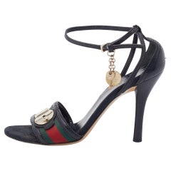 Gucci Black Leather Web Lock Charm Detail Ankle Strap Sandals Size 36.5